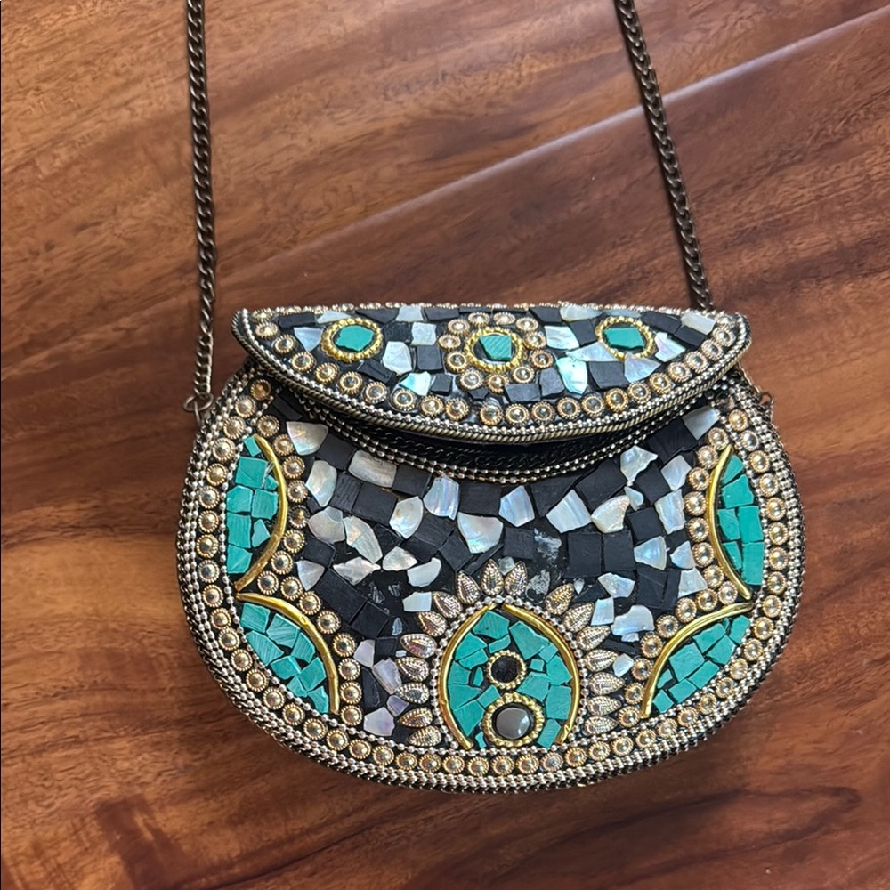 Mosaic Embellished Crossbody Bag - Black and Turquoise